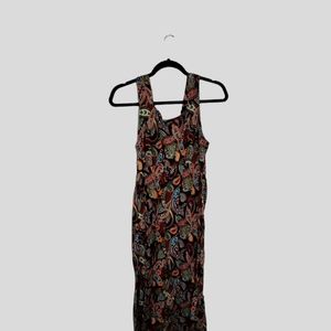 FADED GLORY MIDI SOFT BLACK PAISLEY DRESS WITH GREEN.RED.YELLOW AND BLUE